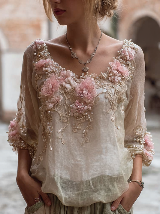 Comstylish Bohemian Style Round Neck Short Sleeve Three-dimensional Flower Design Women's Thin Top
