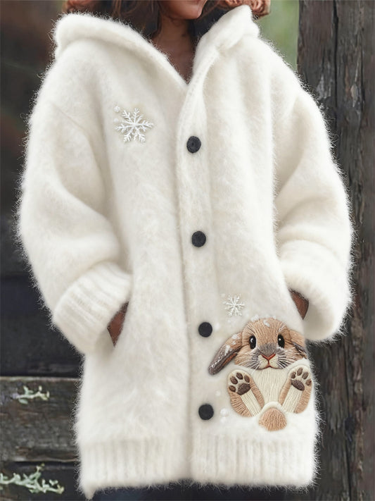 Lovely Bunny & Snow Embroidered Cozy Knit Hooded Cardigan artswardrobe