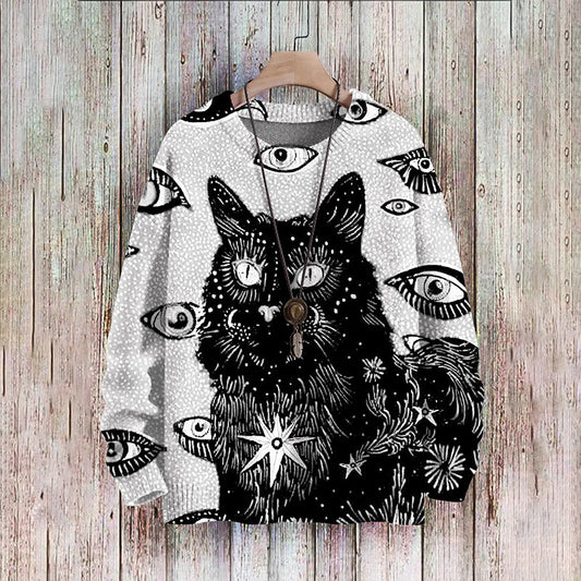 Vintage Cat Art Print Pullover Knitted Sweater elevenforest