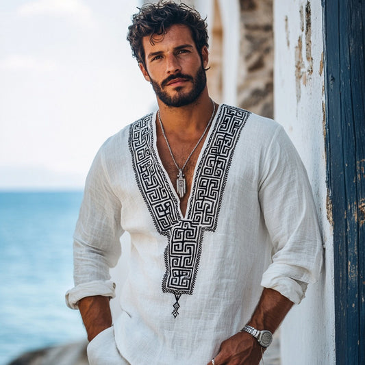 Men's Retro Greek Key Graphics Linen V-neck Shirt artswardrobe