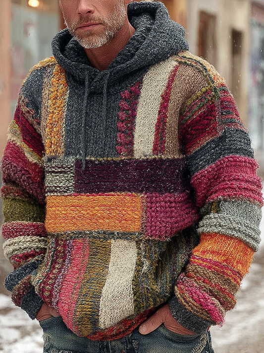Men's Vintage Colorblock Patchwork Cozy Knit Jacquard Fairman Island Jacquard Thick Warm Hooded Sweater elevenforest