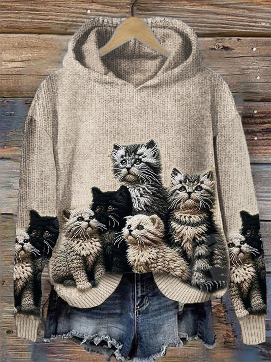 Fuzzy Cats Crochet Art Cozy Knit Hooded Sweater elevenforest