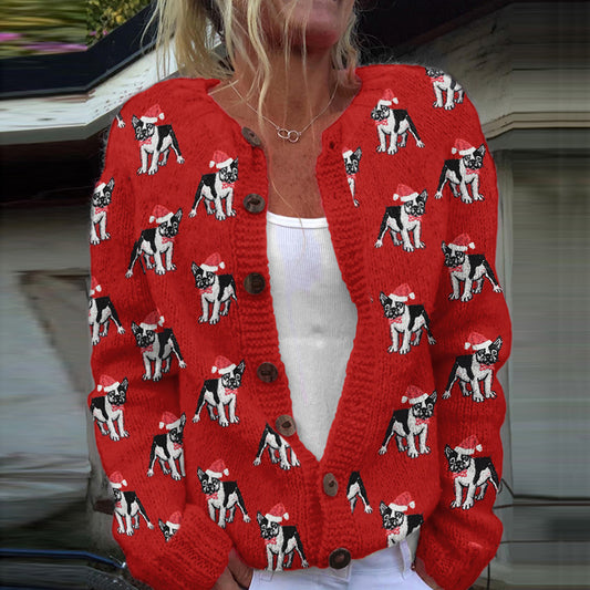 Cute Christmas Boston Terrier Embroidery Art Crew Neck Cozy Cardigan artswardrobe