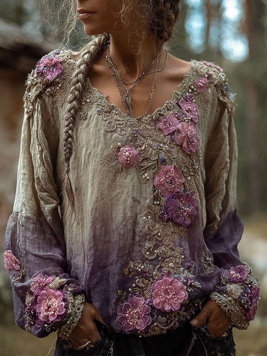 Comstylish Bohemian Style Round Neck Long Sleeve 3d Purple Flower Design Cotton And Linen Top For Women