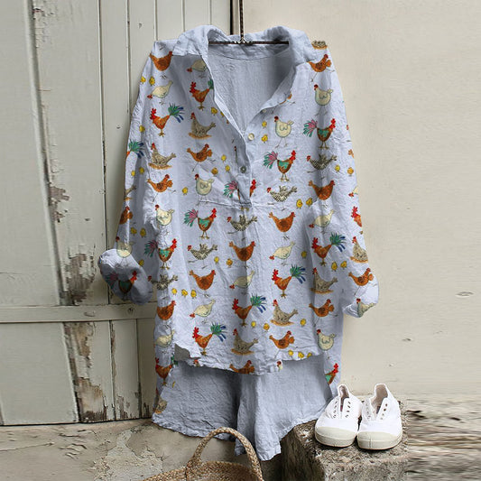 Comstylish Vintage Cute Chicken Art Linen Shirt