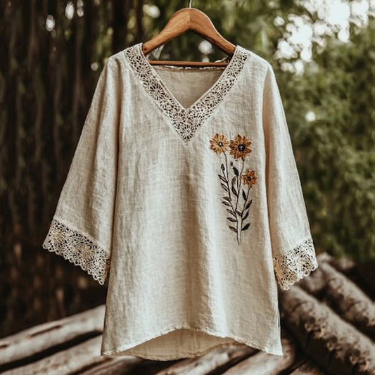 Comstylish Women's Retro Floral Lace Patchwork Art Shirt