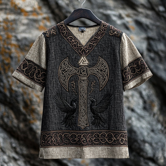 Men's Viking Runes Celtic Knot Raven And Axetotem Linen T-shirt artswardrobe