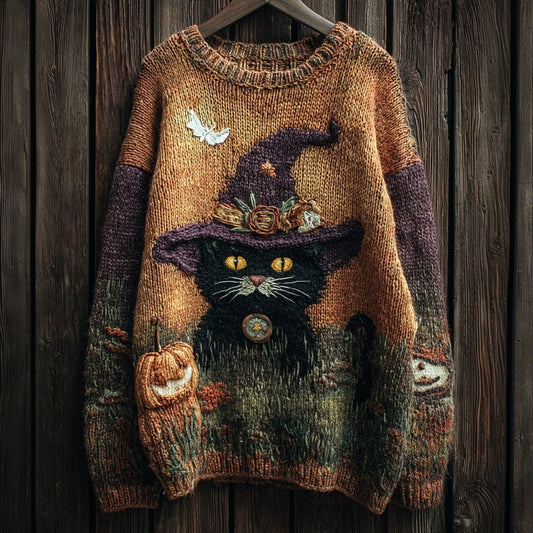 Halloween Witch Black Cat Vintage Cozy Knit Sweater elevenforest