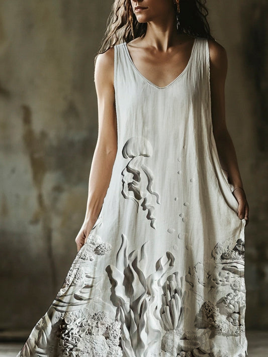 Boho Underwater Creatures Embossed Art Women's V-neck Vest Dress artswardrobe