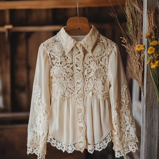 Comstylish Women's Retro Lace Floral Embroidery Art Lapel Shirt