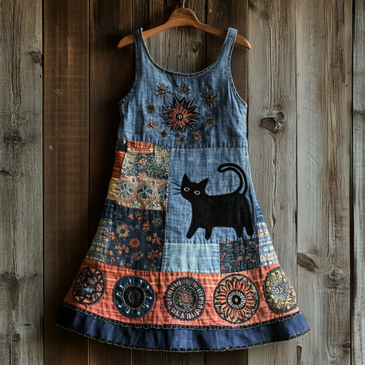 Women's Retro Cat And Mandala Pattern Sleeveless Dress elevenforest