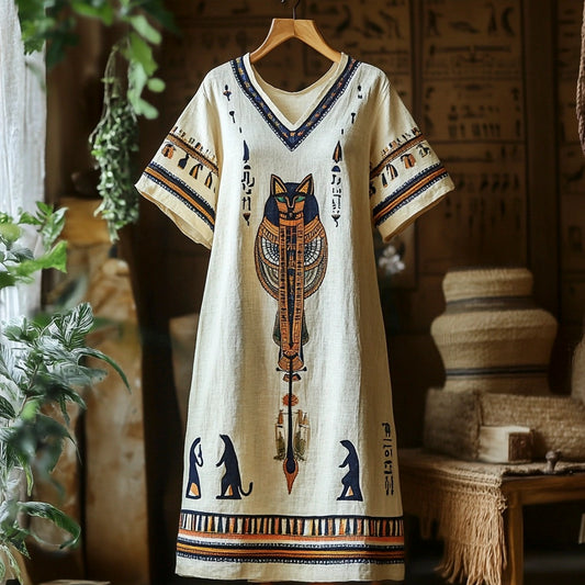 Comstylish Egyptian Cat Tribal Totem Women's Linen Short Sleeve Maxi Dress