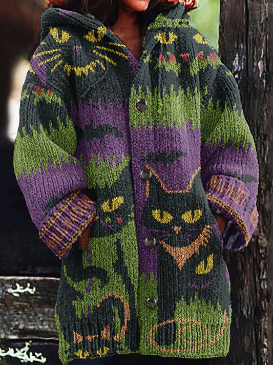 Comstylish Women's Halloween Spooky Cat Embroidery Knitted Cardigan Sweater