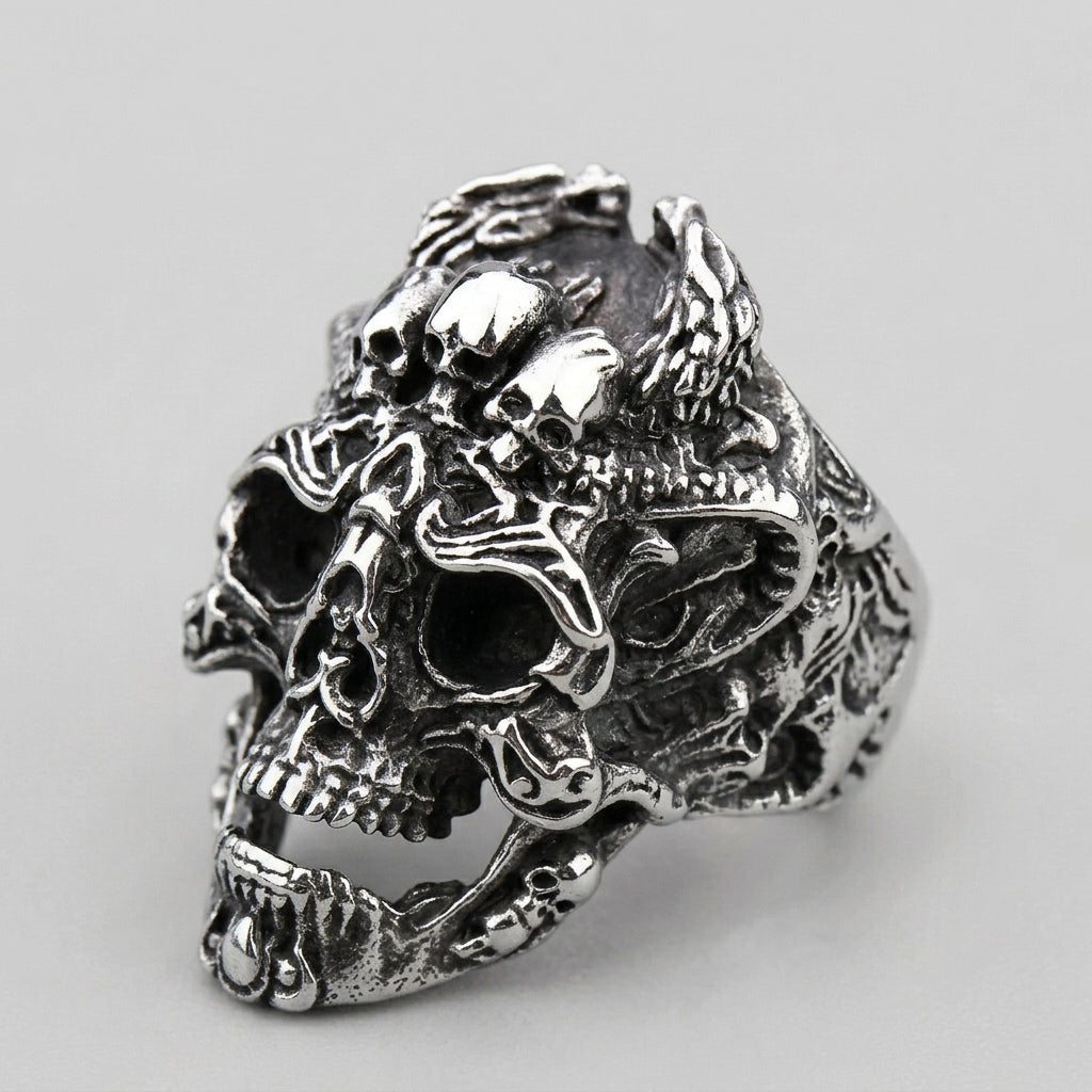 Skull Ring with Ornate Dragon and Filigree Detail