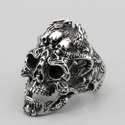 Skull Ring with Ornate Dragon and Filigree Detail