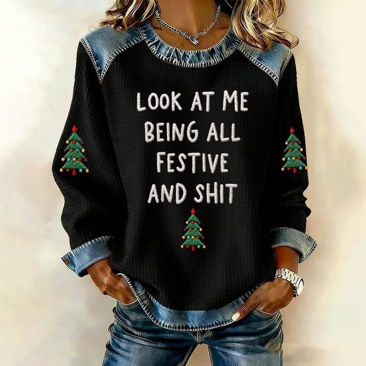Comstylish Women's Look At Me Being All Festive And Shit Print Crew Neck Casual Sweatshirt