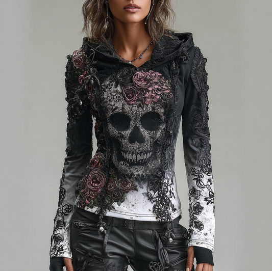 Comstylish A Retro Women's Black-white Gradient Hooded Top With Gothic Skull And Floral Elements Design For Halloween.