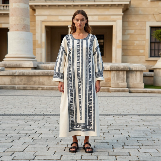 Vintage Greek Key Crew Neck Linen Mixi Dress artswardrobe