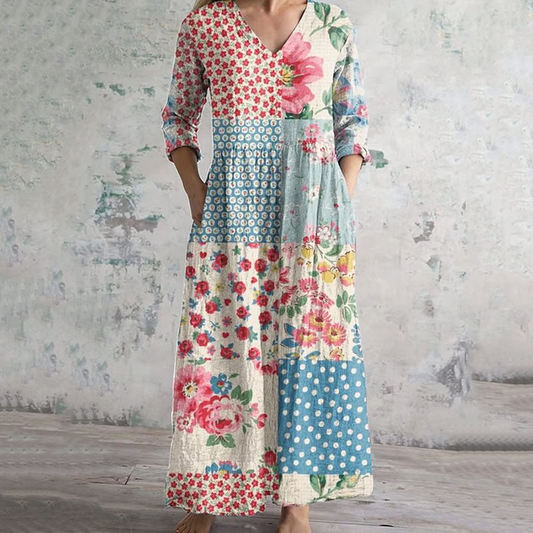 Vintage Botanical Floral Patchwork Art Pattern Women's Linen Dress artswardrobe