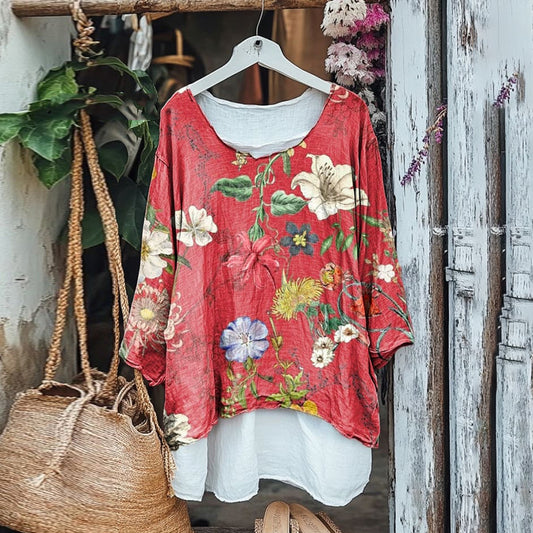 Vintage Floral Print V-neck Cotton Blouse artswardrobe