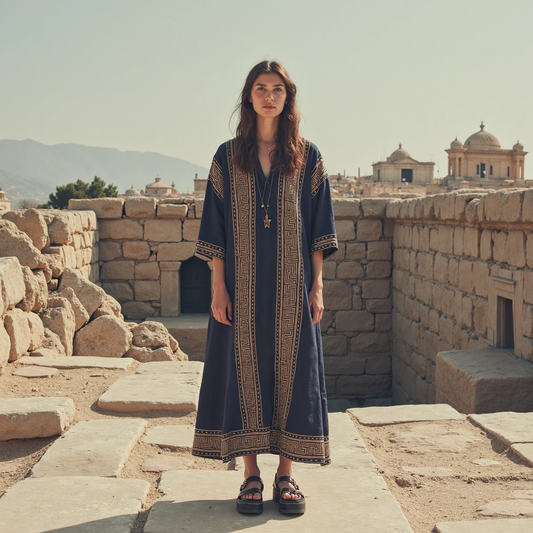 Retro Greek Key Graphics V Neck Linen Blend Maxi Dress artswardrobe