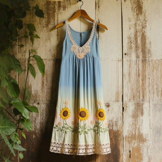 Boho Sunflower Embroidered Pattern Lace Patchwork Art Linen Dress artswardrobe