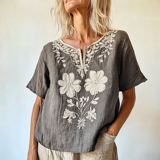 Comstylish Women's Vintage Bohemian Floral Pattern Cotton And Linen Comfort Shirt