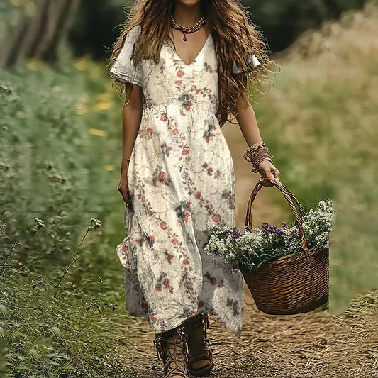 Vintage Floral Print V-neck Short Sleeved Dress artswardrobe