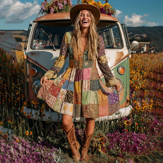 Countryside Style Collection Classy Patchwork Floral Pattern Art Linen Dress artswardrobe
