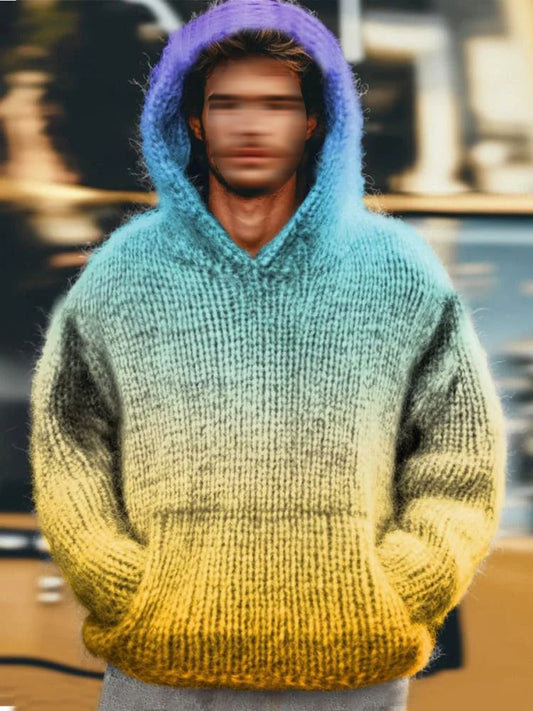Men's Vintage Multicolor Gradient Art Knitted Hooded Sweater elevenforest