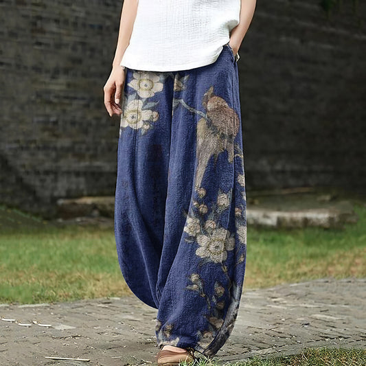 Comstylish Women's Japanese Art Flowers And Birds Pocket Loose Casual Pants