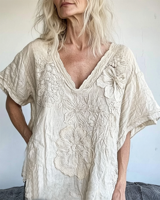 Comstylish Vintage Floral Lace Art Cotton Linen Comfy Shirt