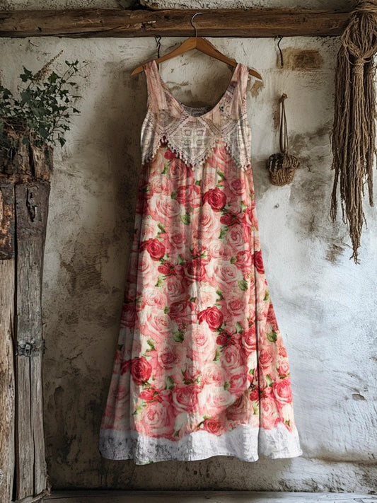 Vintage Rose Lace Patchwork Trim Women's Linen Vest Dress artswardrobe