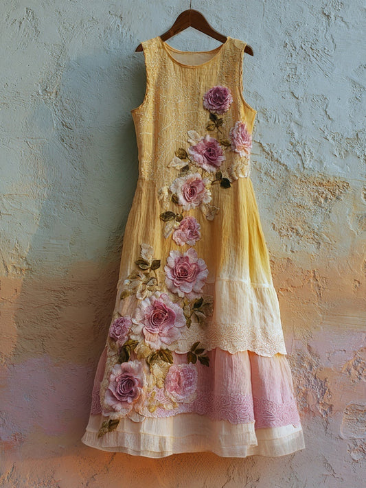 Vintage Pink Rose Embroidered Gradient Linen Maxi Dress artswardrobe