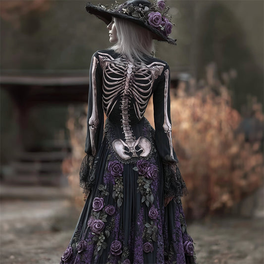 Comstylish Halloween Skeleton Purple Roses Gradient Linen Maxi Dress