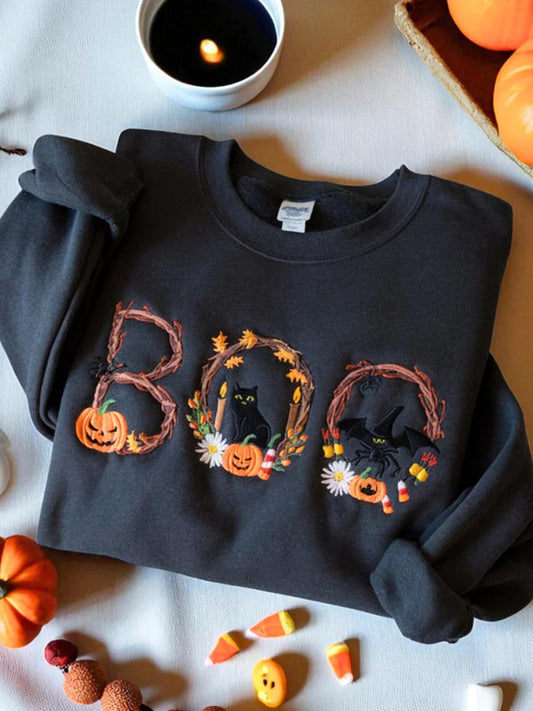 Comstylish Women's Round Neck Halloween Black Cat Pumpkin Embroidery Loose Long Sleeve Top