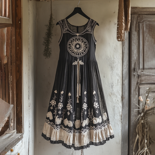 Vintage Viking Dreamcatcher Embroidered Flowy Linen Tank Dress artswardrobe