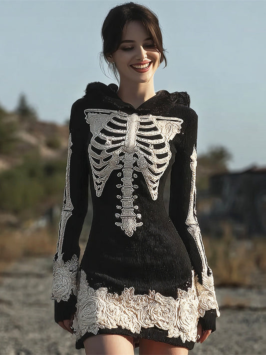 Halloween Skeleton & Lace Floral Art Women's Knit Mini Dress artswardrobe