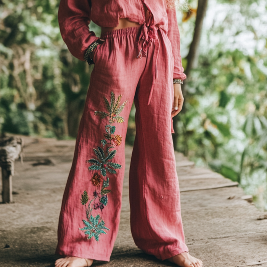 Vintage Bohemian Holiday Style Floral Ethnic Totem Art Printed Cotton Linen Wide Leg Pants artswardrobe