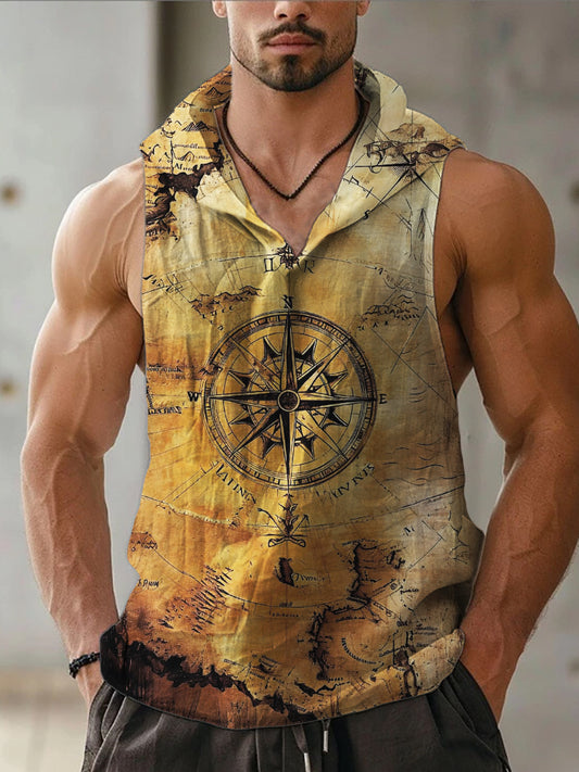 Men's Vintage Navigation Map Hooded Linen Vest artswardrobe