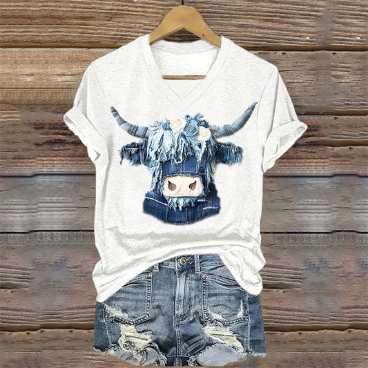 Vintage Highland Cow With Roses Denim Art T Shirt artswardrobe