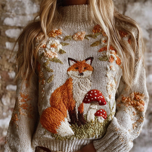 Vintage Fall Fox & Floral Embroidery Women's Knit Turtleneck Sweater elevenforest