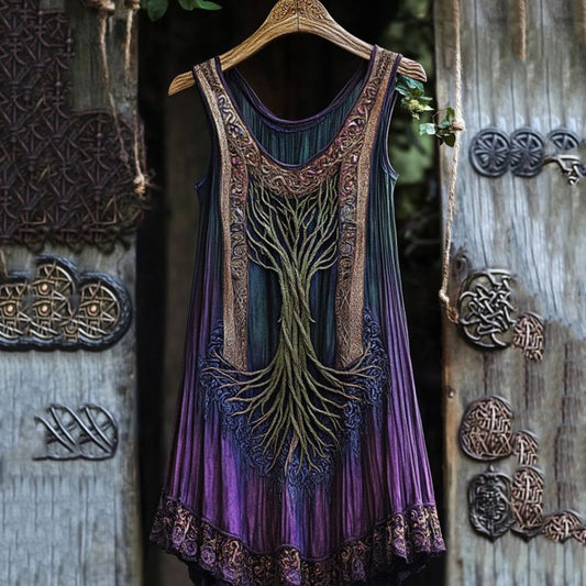 Vintage Celtic Tree Gradient Lace Linen Tank Top artswardrobe
