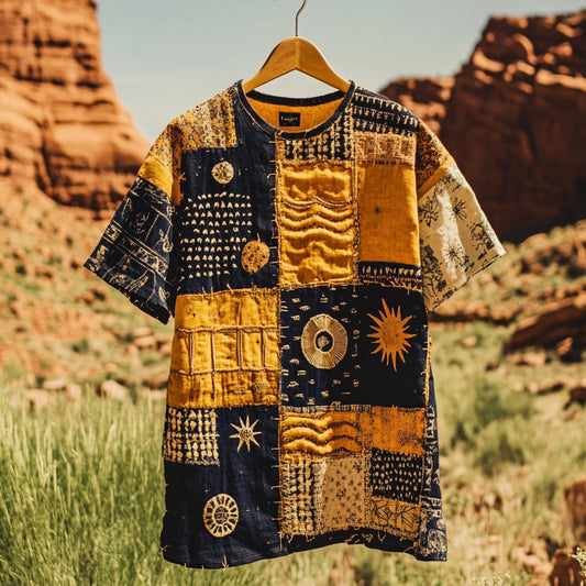 Men's Contrast Patchwork Sun Linen T-shirt artswardrobe
