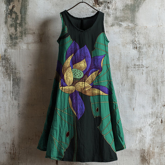 Comstylish Vintage Lotus Japanese Art Linen Tank Dress