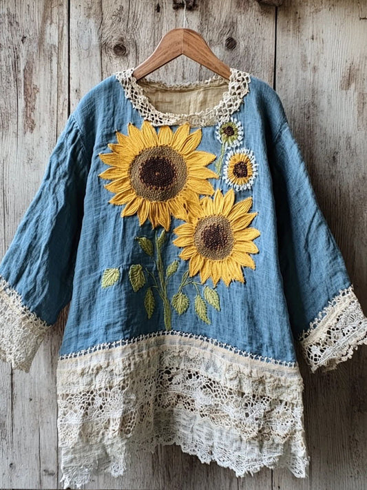 Women's Sunflower Embroidered Lace Patchwork Linen Blend Shirt artswardrobe
