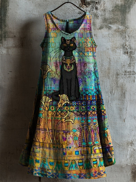 Ancient Egyptian Black Cat Art Linen Tank Dress