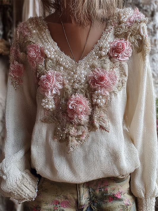 Vintage Boho Floral Pearl Embellished Embroidered Women's V-neck Sweater elevenforest