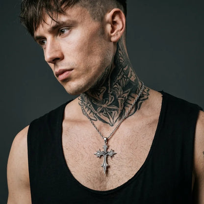 Spiked Floral Gothic Cross Pendant Necklace
