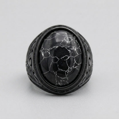 Black Marble Oval Cabochon Signet Ring